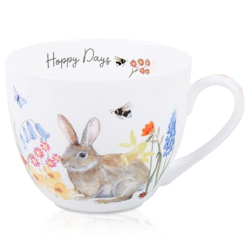 MFoffice 20 oz Easter Bunny Coffee Hug Mug, Spring Flowers & "Happy Days" Slogan, Premium Bone China Cute Rabbit Mug, Perfect Birthday and Holiday Gift for Women, Designed in England by Harvest Green Studio - Image 1