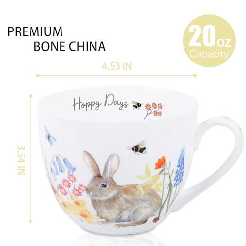 MFoffice 20 oz Easter Bunny Coffee Hug Mug, Spring Flowers & "Happy Days" Slogan, Premium Bone China Cute Rabbit Mug, Perfect Birthday and Holiday Gift for Women, Designed in England by Harvest Green Studio - Image 2