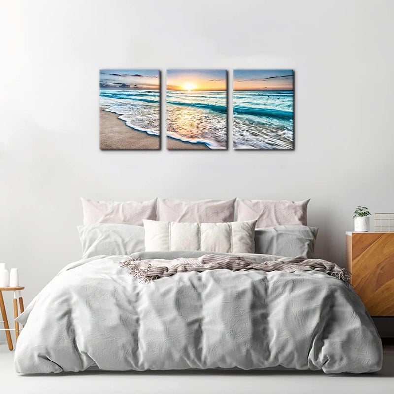 Pacimo 3 Panels Beach Canvas Wall Art for Home Decor Blue Sea Sunset White Beach Painting The Picture Print on Canvas Seascape The Pictures for Home Decor Decoration Ready to Hang - 12" x 16" x 3 - Image 3