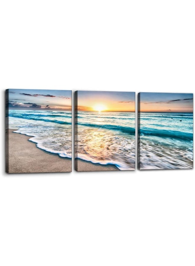 Pacimo 3 Panels Beach Canvas Wall Art for Home Decor Blue Sea Sunset White Beach Painting The Picture Print on Canvas Seascape The Pictures for Home Decor Decoration Ready to Hang - 12" x 16" x 3 - Image 1