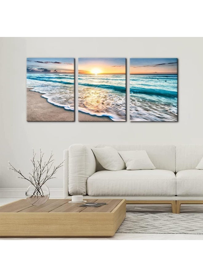 Pacimo 3 Panels Beach Canvas Wall Art for Home Decor Blue Sea Sunset White Beach Painting The Picture Print on Canvas Seascape The Pictures for Home Decor Decoration Ready to Hang - 12" x 16" x 3 - Image 2