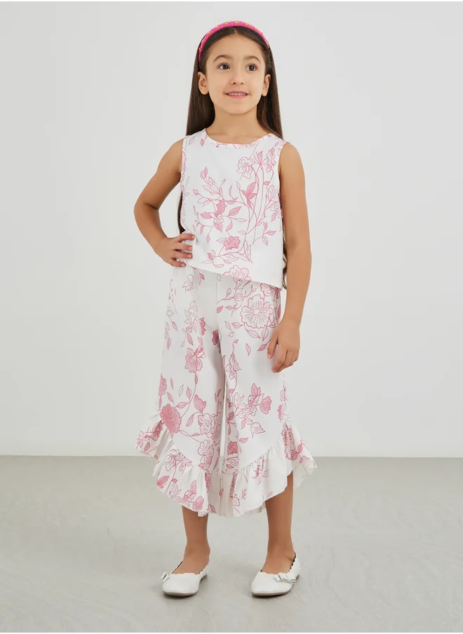 Styli Styli Girls Floral Print Ruffled Top and Asymmetric Hem Culottes Set