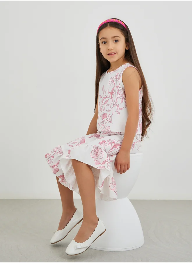 Styli Styli Girls Floral Print Ruffled Top and Asymmetric Hem Culottes Set