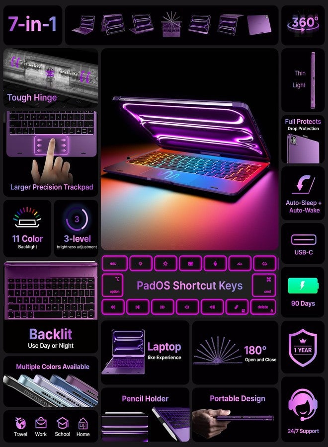typecase غطاء لوحة مفاتيح Typecase Touch لجهاز iPad Pro مقاس 11 بوصة (M5/M4، 2025/2024)، لوحة مفاتيح لاسلكية بإضاءة خلفية بـ 11 لونًا، غطاء حماية قابل للدوران 360 درجة مع حامل قلم، لوحة لمس متعددة اللمس، بنفسجي - Image 3