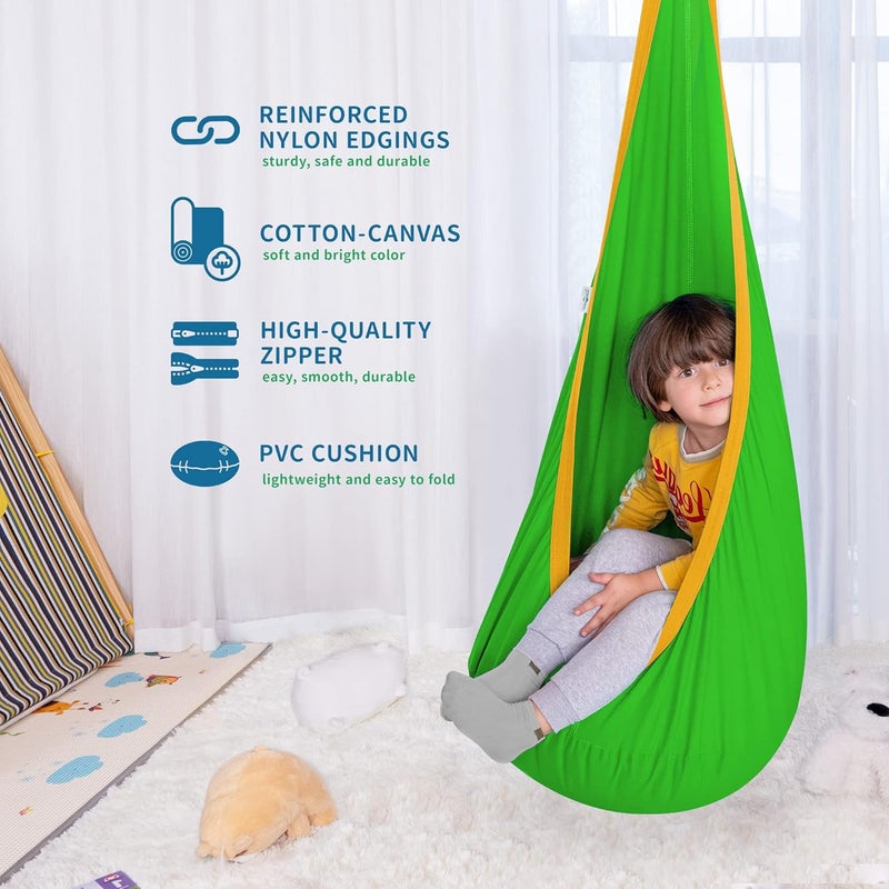 OUTREE Kids Pod Hanging Swing Seat Hammock,Cotton Child Swing Hammock Chair for Indoor and Outdoor use,Green and Yellow - Image 3