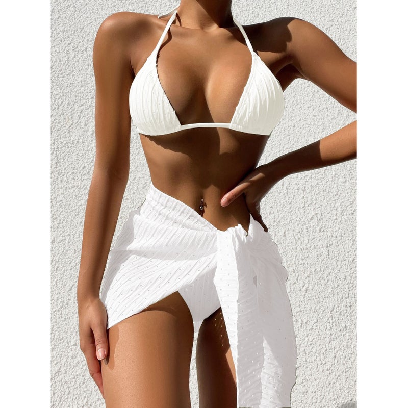 Swimwear Backless Solid Color Bikini Mesh Short Skirt Bikini Three-Piece Set - Image 5