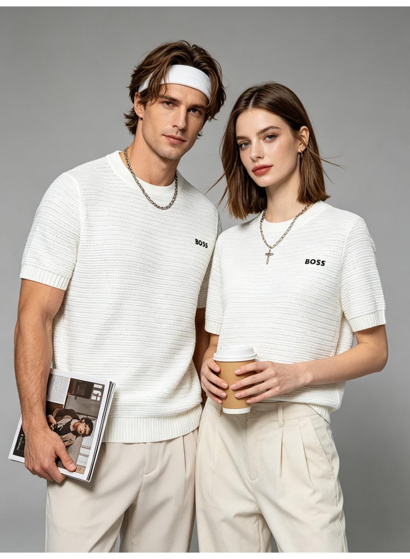 BOSS Casual Short Sleeve Knit Top For Men And Women, Daily Wear Crew Neck Tee, Off‑White - Image 5