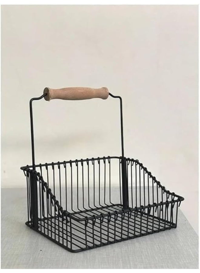 Metal Wire Storage Basket with Wooden Handle, Kitchen Jar Organizer, Black - Image 1