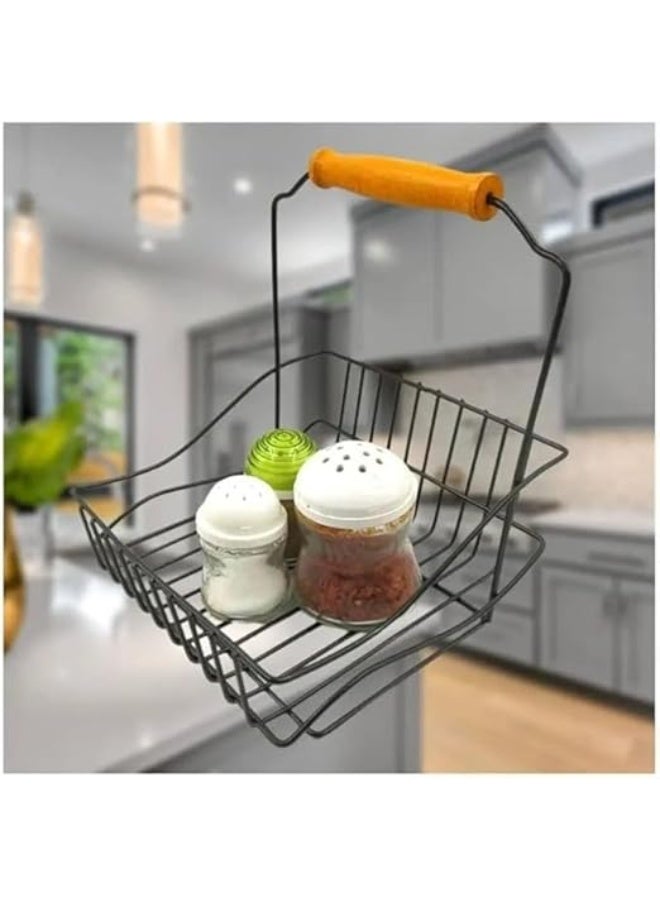 Metal Wire Storage Basket with Wooden Handle, Kitchen Jar Organizer, Black - Image 2