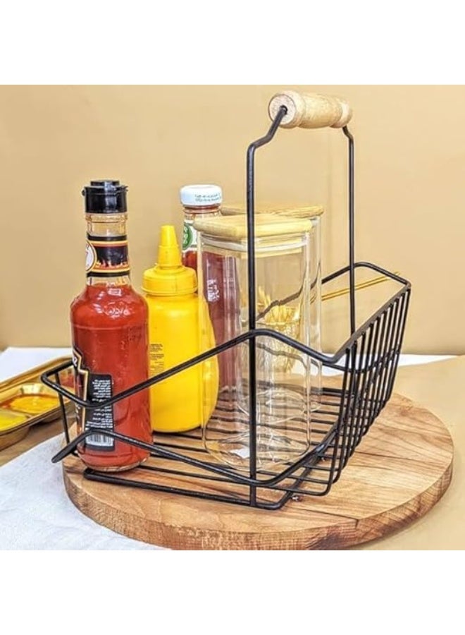 Metal Wire Storage Basket with Wooden Handle, Kitchen Jar Organizer, Black - Image 3