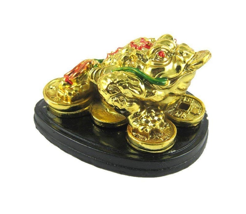 RIPE INDIA® Feng Shui Money Frog (Legged Toad) Hold Two Ignots On A Pile of Money for Wealth Luck Legged Money Frog On Bed of Ingots Showpiece Gold Color - Image 5