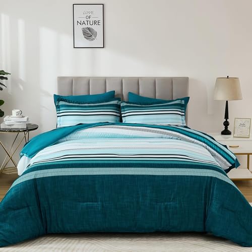 Dobuyly Teal Queen Comforter Set 7 Pieces, Blue Boho Striped Bed in a Bag Queen Size Soft Microfiber All Season Bedding Set with Comforter, Sheets, Pillowcases & Shams - Image 2