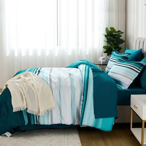 Dobuyly Teal Queen Comforter Set 7 Pieces, Blue Boho Striped Bed in a Bag Queen Size Soft Microfiber All Season Bedding Set with Comforter, Sheets, Pillowcases & Shams - Image 4
