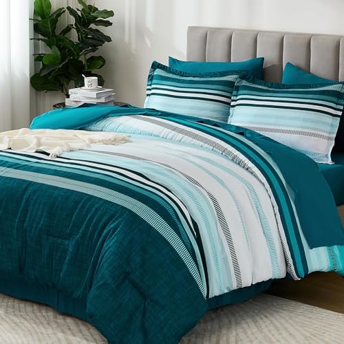 Dobuyly Teal Queen Comforter Set 7 Pieces, Blue Boho Striped Bed in a Bag Queen Size Soft Microfiber All Season Bedding Set with Comforter, Sheets, Pillowcases & Shams - Image 1