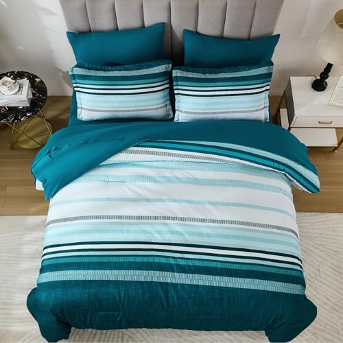 Dobuyly Teal Queen Comforter Set 7 Pieces, Blue Boho Striped Bed in a Bag Queen Size Soft Microfiber All Season Bedding Set with Comforter, Sheets, Pillowcases & Shams - Image 3