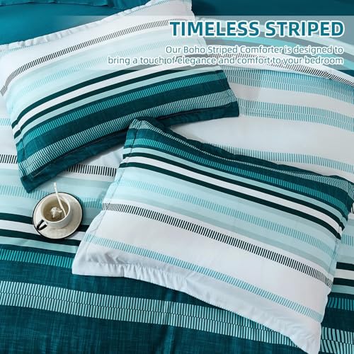 Dobuyly Teal Queen Comforter Set 7 Pieces, Blue Boho Striped Bed in a Bag Queen Size Soft Microfiber All Season Bedding Set with Comforter, Sheets, Pillowcases & Shams - Image 5