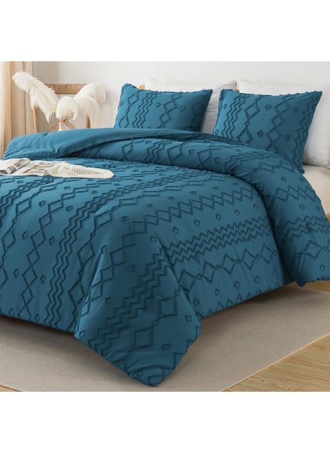 Andency Teal Tufted Comforter Set King(104x90Inch)  3 Pieces(1 Boho Comforter  2 Pillowcases) Textured Farmhouse Comforter  Soft Microfiber Down Alternative Geometric Comforter Bedding Set
