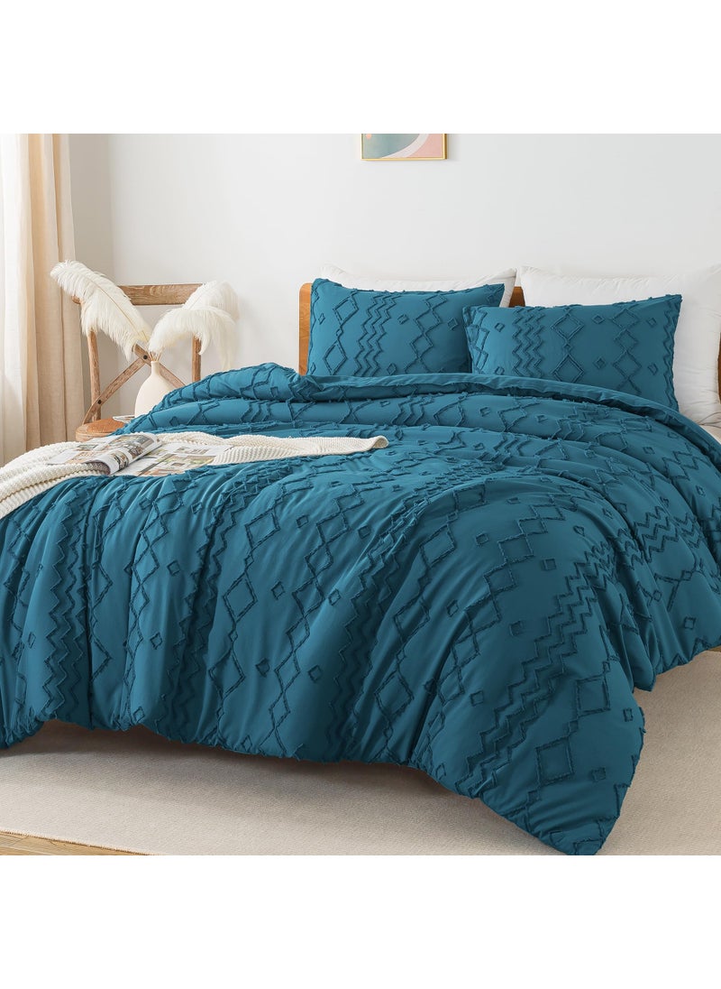 Andency Andency Teal Tufted Comforter Set King(104x90Inch)  3 Pieces(1 Boho Comforter  2 Pillowcases) Textured Farmhouse Comforter  Soft Microfiber Down Alternative Geometric Comforter Bedding Set  - Image 3