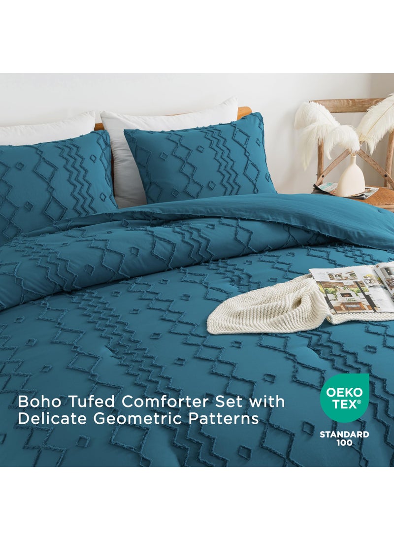Andency Andency Teal Tufted Comforter Set King(104x90Inch)  3 Pieces(1 Boho Comforter  2 Pillowcases) Textured Farmhouse Comforter  Soft Microfiber Down Alternative Geometric Comforter Bedding Set  - Image 4