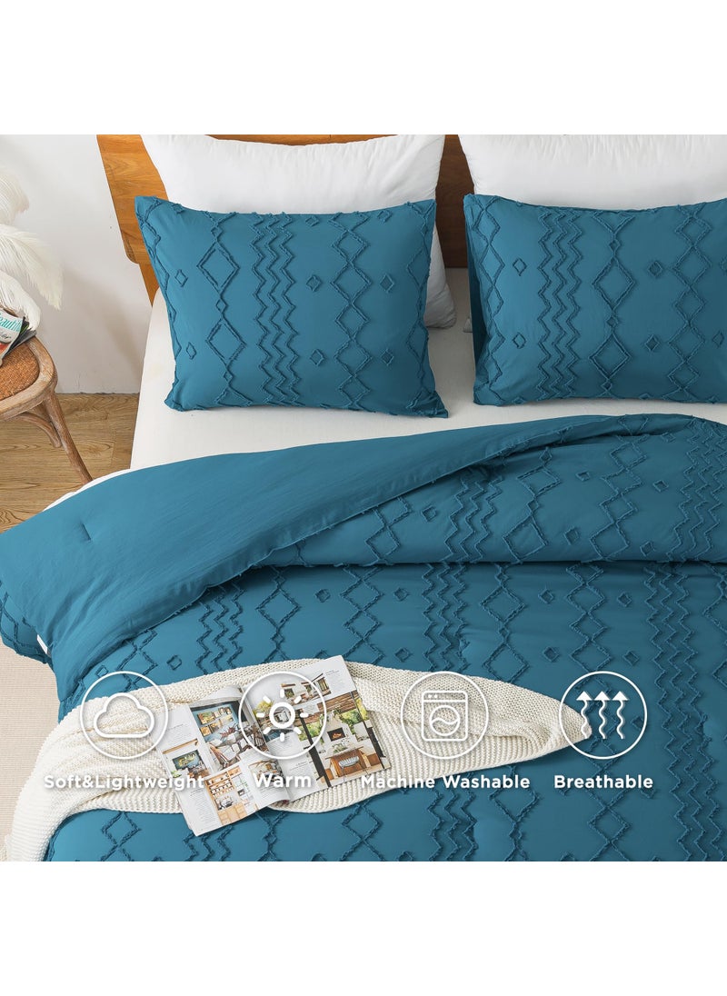 Andency Andency Teal Tufted Comforter Set King(104x90Inch)  3 Pieces(1 Boho Comforter  2 Pillowcases) Textured Farmhouse Comforter  Soft Microfiber Down Alternative Geometric Comforter Bedding Set  - Image 5
