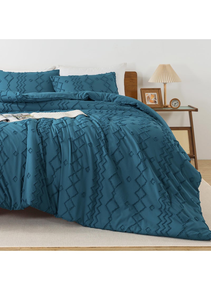 Andency Andency Teal Tufted Comforter Set King(104x90Inch)  3 Pieces(1 Boho Comforter  2 Pillowcases) Textured Farmhouse Comforter  Soft Microfiber Down Alternative Geometric Comforter Bedding Set  - Image 2