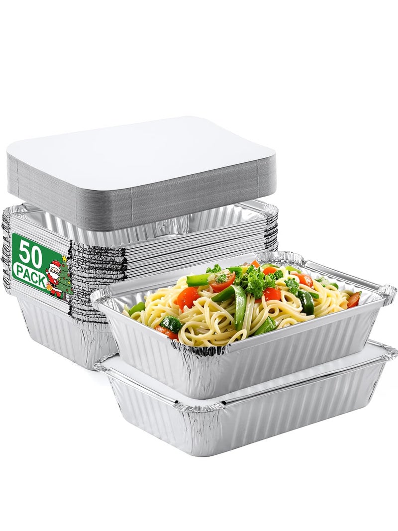 NEEBAKE 50 Pack 8x6 Disposable Aluminum Pans with Lids Aluminum-Foil-Pans-Tin-Foil-Baking-Pans-Tin-Trays-Food-To-Go-Containers-for-Meal-Prep-Cooking-Roasting-Heating-Takeout - Image 1