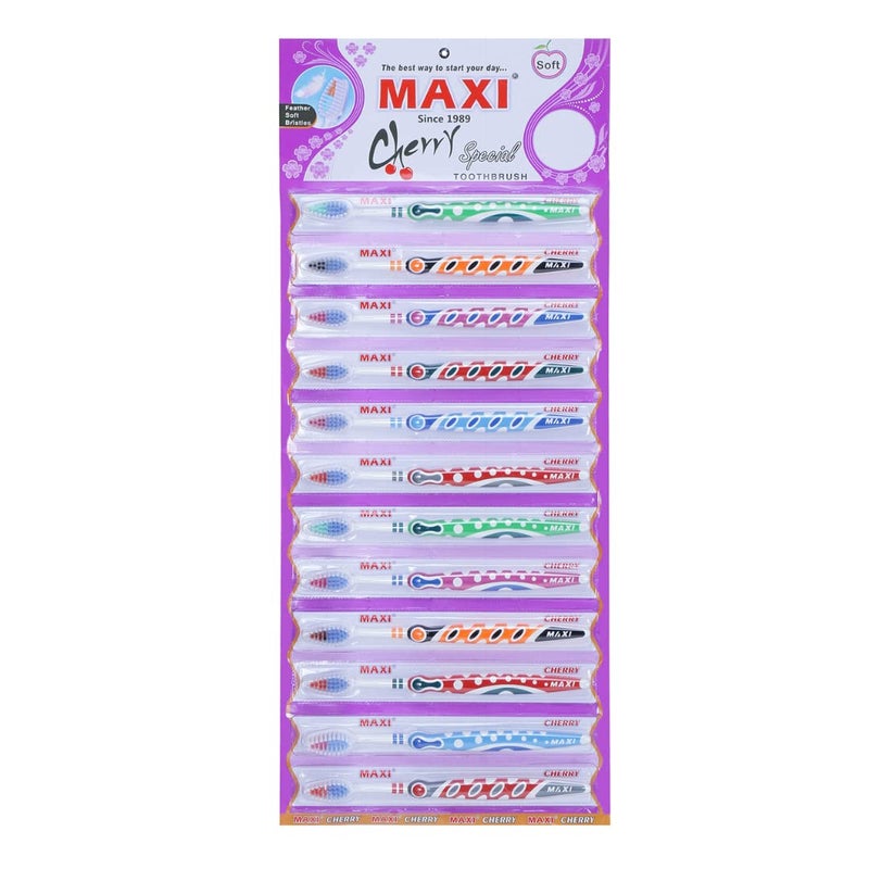 MAXI Adult Cherry Soft Bristles Manual Toothbrush For Sensitive Teeth, Multicolor (Pack Of 12) - Image 5
