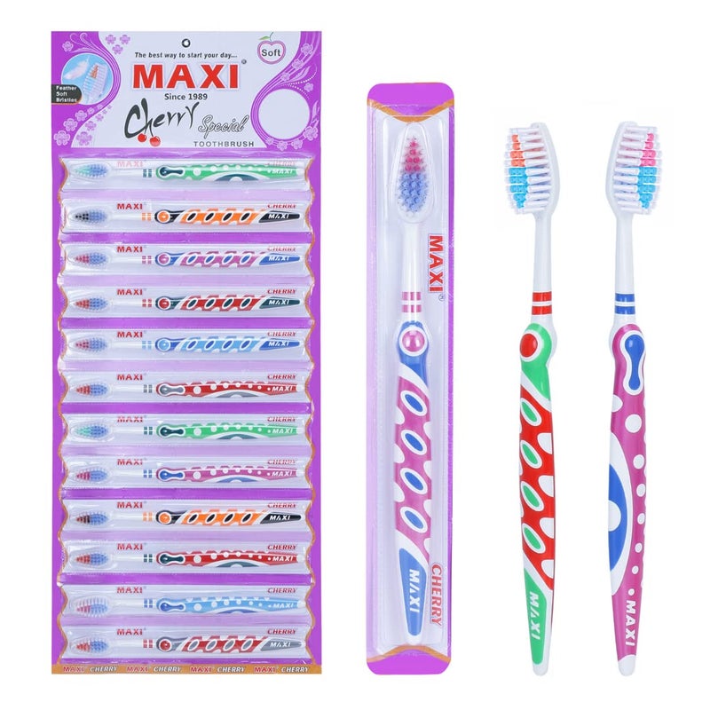 MAXI Adult Cherry Soft Bristles Manual Toothbrush For Sensitive Teeth, Multicolor (Pack Of 12) - Image 3