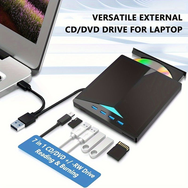 7 في 1 مشغل أقراص CD DVD خارجي للابتوب USB 3.0 نوع C محرك أقراص DVD محمول ناسخ أقراص CD مشغل أقراص ضوئي متوافق مع ويندوز 11 10 8 7 لينكس ماك أو إس أسود - Image 2