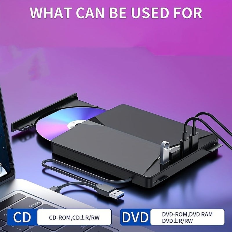 7 في 1 مشغل أقراص CD DVD خارجي للابتوب USB 3.0 نوع C محرك أقراص DVD محمول ناسخ أقراص CD مشغل أقراص ضوئي متوافق مع ويندوز 11 10 8 7 لينكس ماك أو إس أسود - Image 4