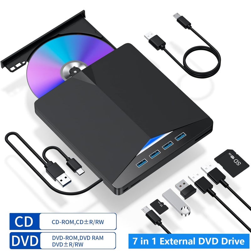 7 في 1 مشغل أقراص CD DVD خارجي للابتوب USB 3.0 نوع C محرك أقراص DVD محمول ناسخ أقراص CD مشغل أقراص ضوئي متوافق مع ويندوز 11 10 8 7 لينكس ماك أو إس أسود - Image 1