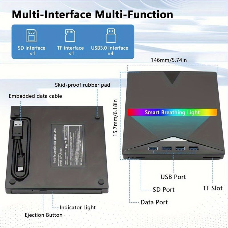 7 في 1 مشغل أقراص CD DVD خارجي للابتوب USB 3.0 نوع C محرك أقراص DVD محمول ناسخ أقراص CD مشغل أقراص ضوئي متوافق مع ويندوز 11 10 8 7 لينكس ماك أو إس أسود - Image 3