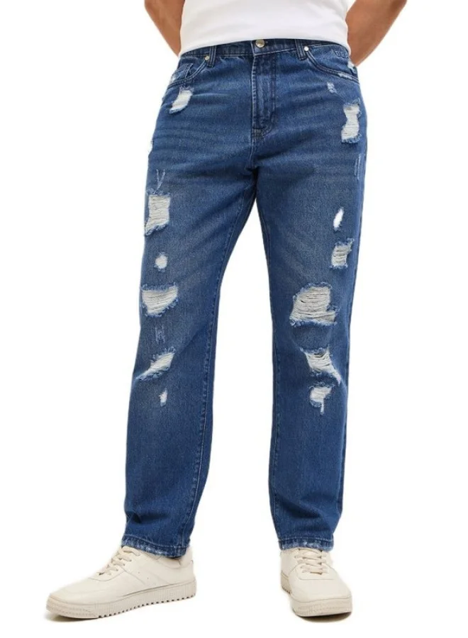 Men's Blue with Light Fade High Distressed Mid-Rise Relaxed Fit Jeans Classic Comfort With Modern Style, Perfect For Everyday Casual Looks And Effortless Streetwear Vibes
