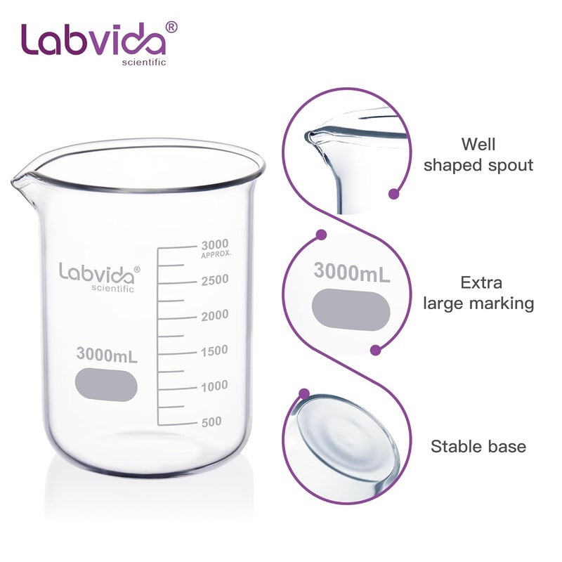 Labvida Glass Beaker, Vol. 3000ml, 3.3 Borosilicate Griffin Low Form with Printed Graduation,LVA022 - Image 3