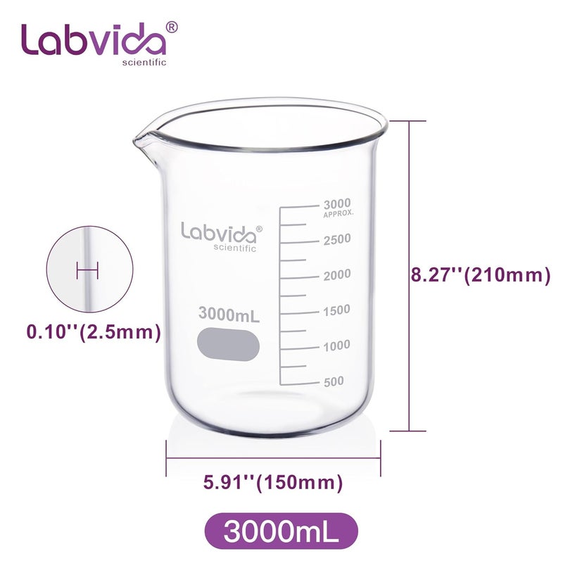 Labvida Glass Beaker, Vol. 3000ml, 3.3 Borosilicate Griffin Low Form with Printed Graduation,LVA022 - Image 4