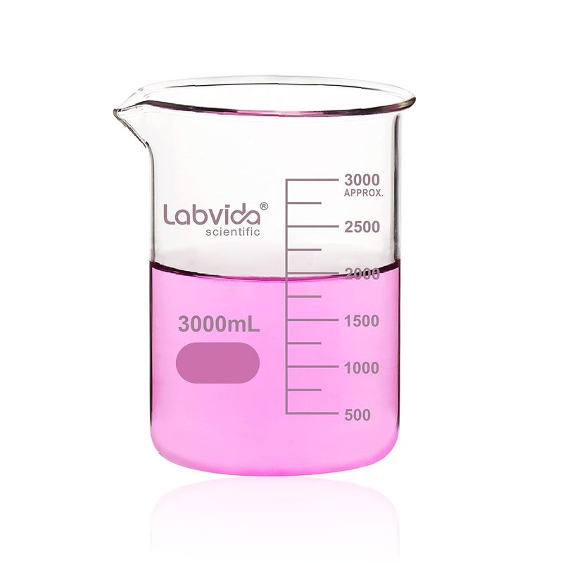 Labvida Glass Beaker, Vol. 3000ml, 3.3 Borosilicate Griffin Low Form with Printed Graduation,LVA022 - Image 1