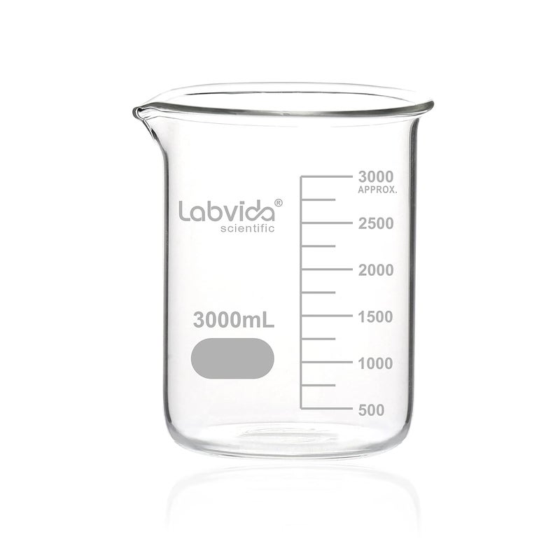 Labvida Glass Beaker, Vol. 3000ml, 3.3 Borosilicate Griffin Low Form with Printed Graduation,LVA022 - Image 2