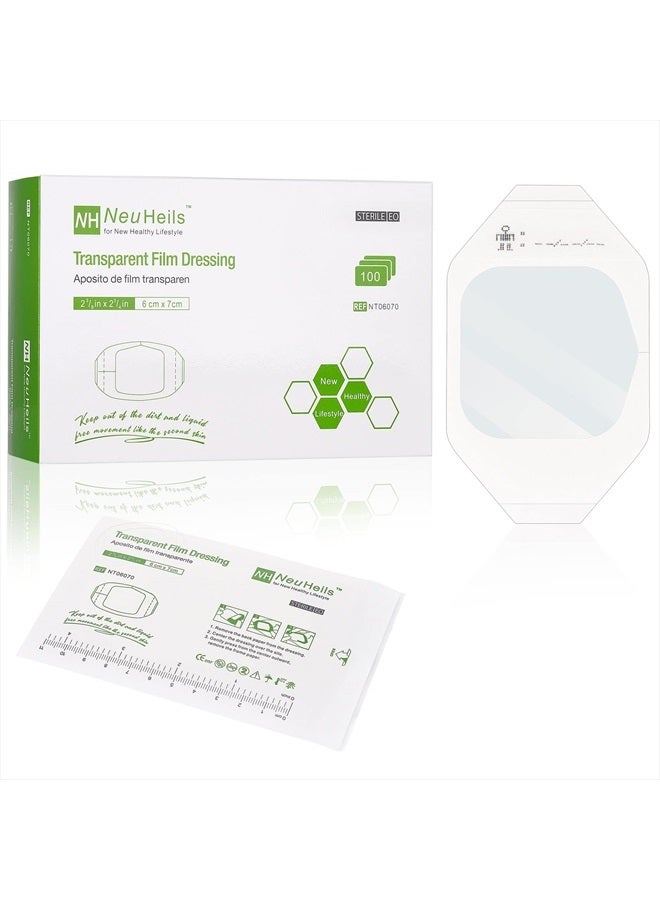 NeuHeils Transparent Film Dressing 2 3/8'' x 2 3/4'', 100 Pack, Waterproof Wound Cover Bandage, Clear IV Catheter Tape, Adhesive Patch, Shower Shield - Image 1