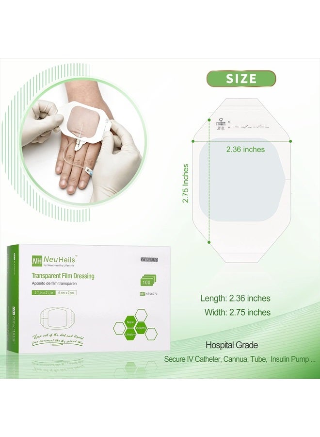NeuHeils Transparent Film Dressing 2 3/8'' x 2 3/4'', 100 Pack, Waterproof Wound Cover Bandage, Clear IV Catheter Tape, Adhesive Patch, Shower Shield - Image 2