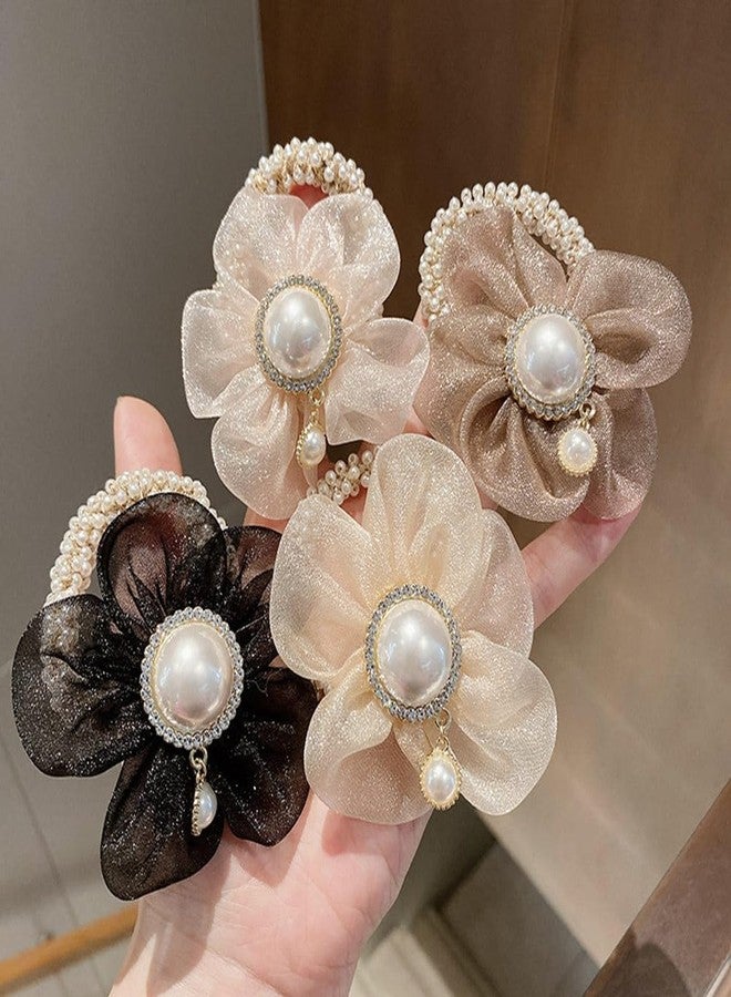LOVEF Fashion Flowers Pearl Hair Elastic Band,Hair Rope Accessory Ponytail Holder for Lady Women Girls,Set of 4 - Image 2