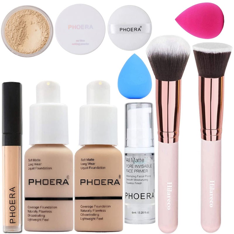 PHOERA FoundationFull Coverage Foundation PrimerPowderConcealer Makeup Setation Brush Powder Brush2 Makeup Sponge102 Nude  103 Warm peach
