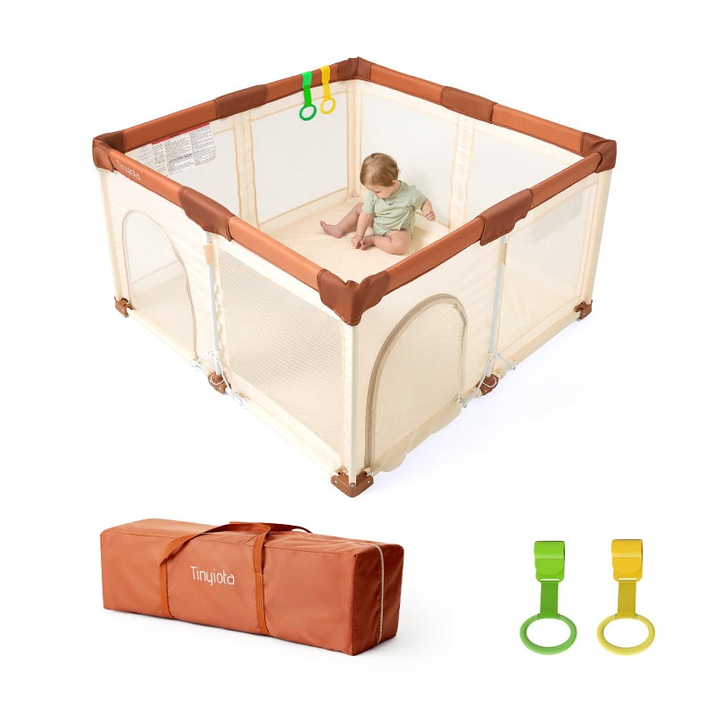 Tinyiota Foldable Baby Playpen, 50x50 Inch Portable Play Yard for Babies and Toddlers with Soft Breathable Mesh, Storage Bag & 2 Pull-Toy Handles for Indoor & Outdoor (Brown, 50x50) - Image 1
