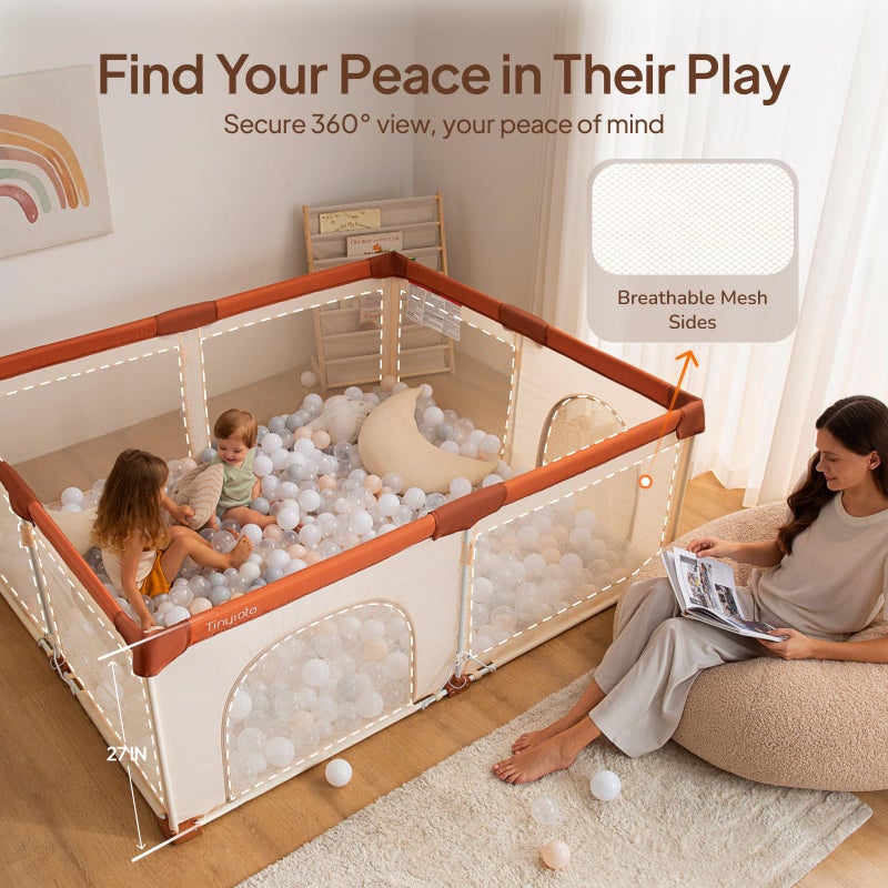 Tinyiota Foldable Baby Playpen, 50x50 Inch Portable Play Yard for Babies and Toddlers with Soft Breathable Mesh, Storage Bag & 2 Pull-Toy Handles for Indoor & Outdoor (Brown, 50x50) - Image 5