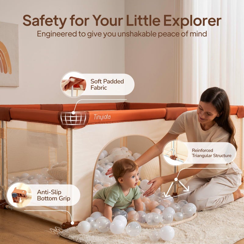 Tinyiota Foldable Baby Playpen, 50x50 Inch Portable Play Yard for Babies and Toddlers with Soft Breathable Mesh, Storage Bag & 2 Pull-Toy Handles for Indoor & Outdoor (Brown, 50x50) - Image 3