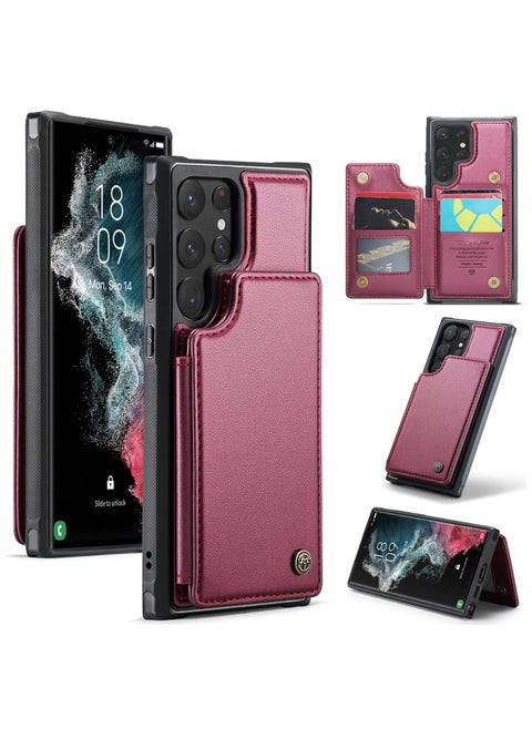 Wallet Case for Samsung Galaxy S22 Ultra, Premium Handmade Durable PU Leather Slim Shockproof Case with [Double Magnetic Clasp] [Card Holder] [Kickstand] [RFID Blocking] (Red)