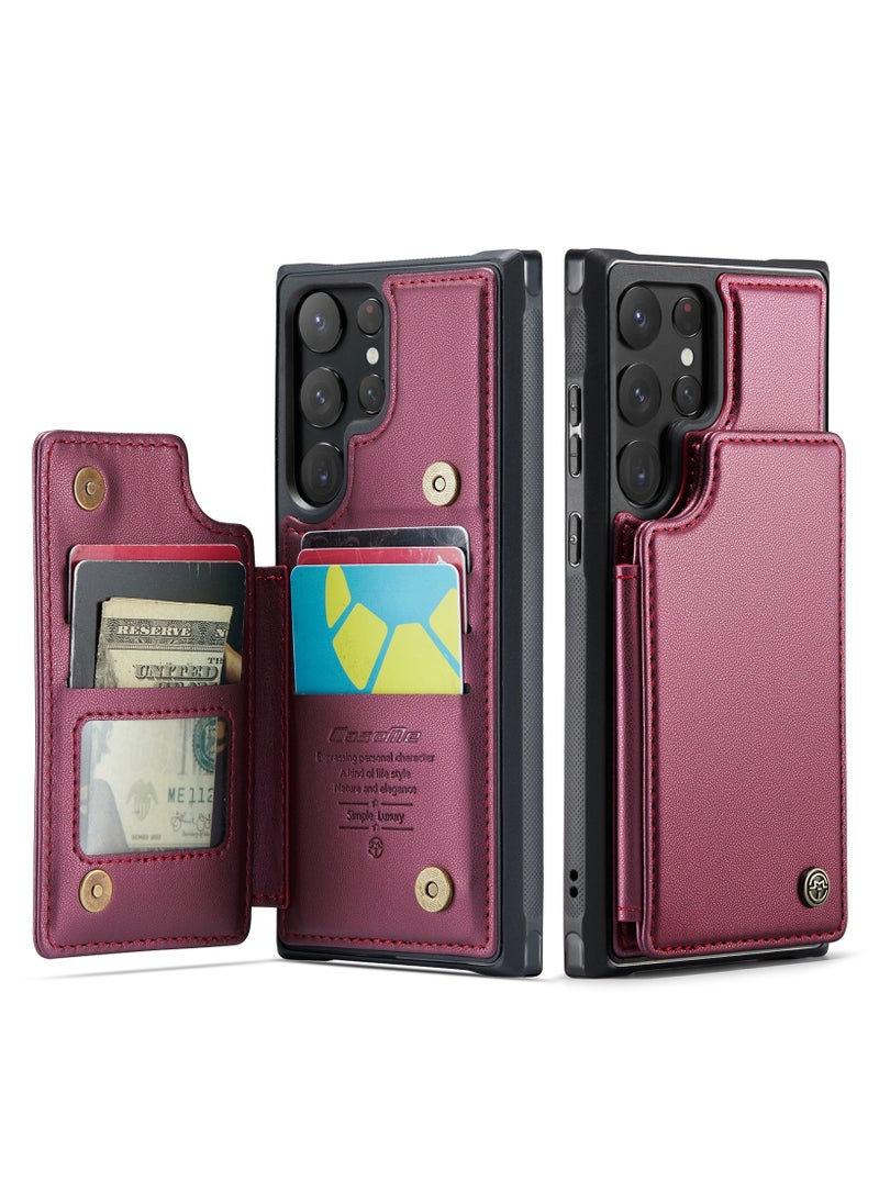 Wallet Case for Samsung Galaxy S22 Ultra, Premium Handmade Durable PU Leather Slim Shockproof Case with [Double Magnetic Clasp] [Card Holder] [Kickstand] [RFID Blocking] (Red)