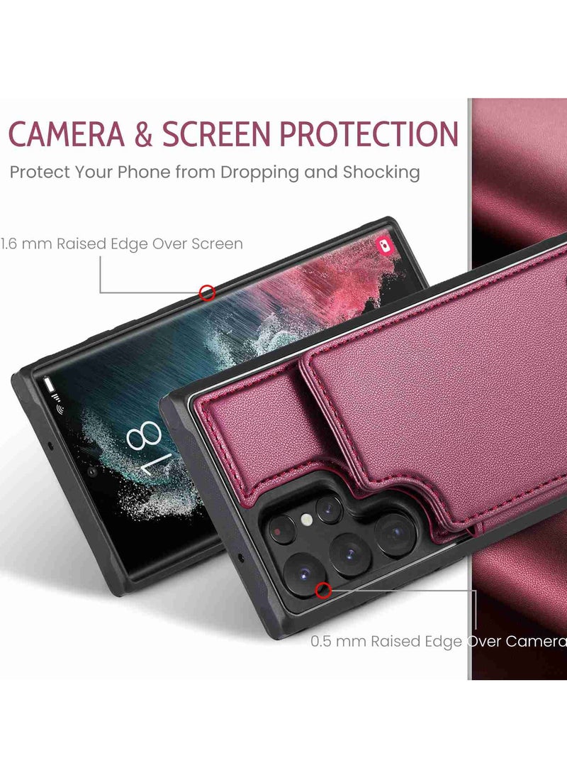 Wallet Case for Samsung Galaxy S22 Ultra, Premium Handmade Durable PU Leather Slim Shockproof Case with [Double Magnetic Clasp] [Card Holder] [Kickstand] [RFID Blocking] (Red)