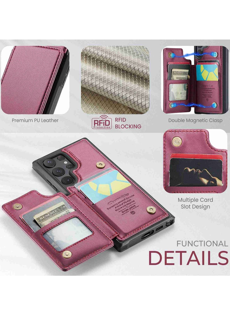 Wallet Case for Samsung Galaxy S22 Ultra, Premium Handmade Durable PU Leather Slim Shockproof Case with [Double Magnetic Clasp] [Card Holder] [Kickstand] [RFID Blocking] (Red)