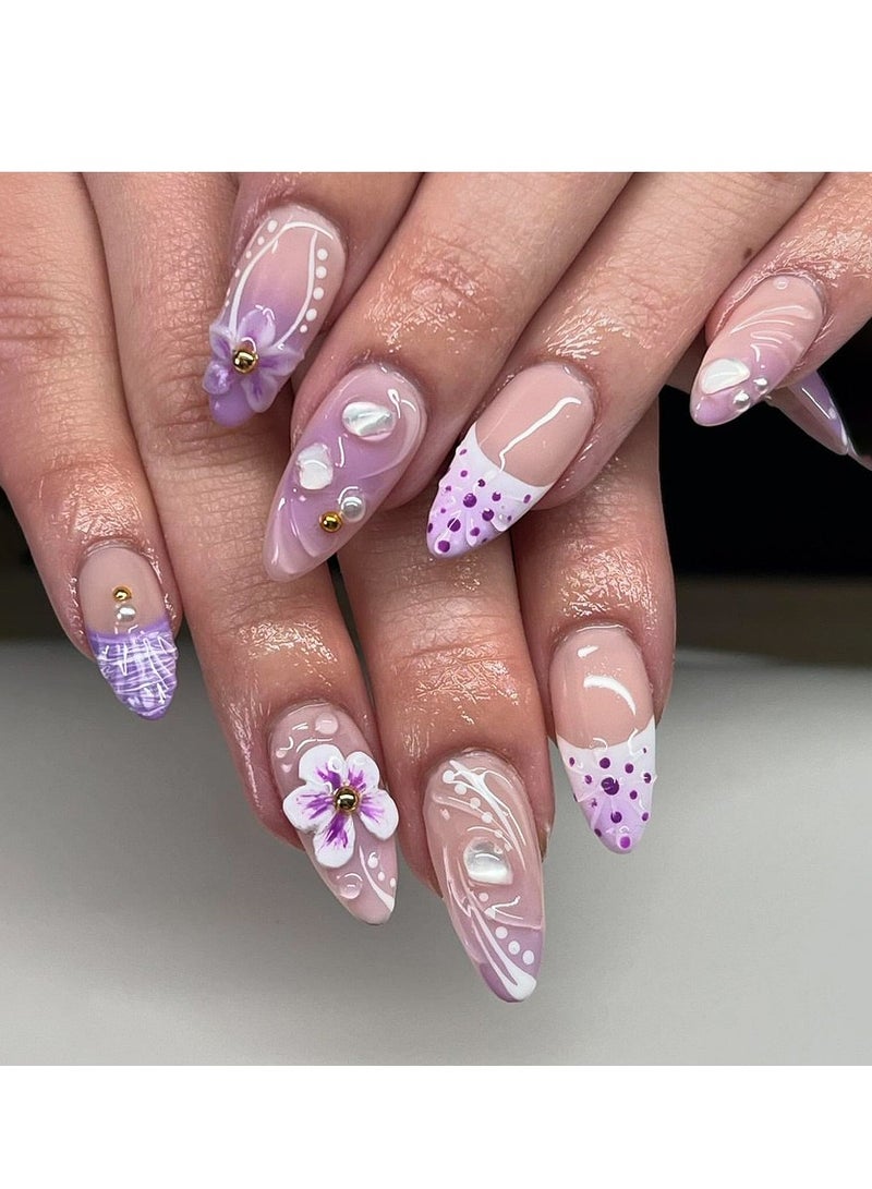JOSQUEWNN French Tip Press on Nails,24Pcs, Fresh Purple Ombre Nail Art with 3D Flower Design Almond-Shaped Press-On Nails, a Perfect Choice for Fashion and Elegance, Fake Acrylic Nails With Glue Kit. - Image 1