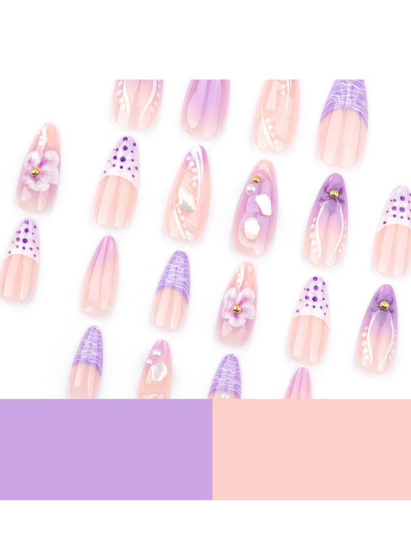 JOSQUEWNN French Tip Press on Nails,24Pcs, Fresh Purple Ombre Nail Art with 3D Flower Design Almond-Shaped Press-On Nails, a Perfect Choice for Fashion and Elegance, Fake Acrylic Nails With Glue Kit. - Image 2
